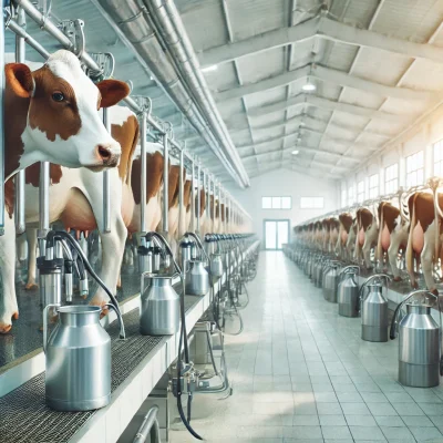 DALL·E 2025-02-13 21.58.53 – A high-quality, professional image of a modern dairy farm. The image should showcase a clean and organized dairy facility with large, healthy cows bei DALL·E 2025-02-13 21.58.53 - A high-quality, professional image of a modern dairy farm. The image should showcase a clean and organized dairy facility with large, healthy cows bei